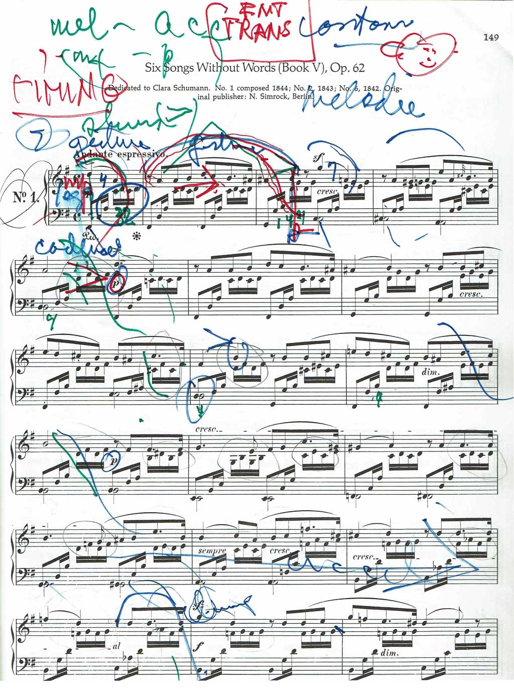 The first of Mendelssohn's Songs without Words, with expressive instructional markings by Harold Zabrack, piano teacher.